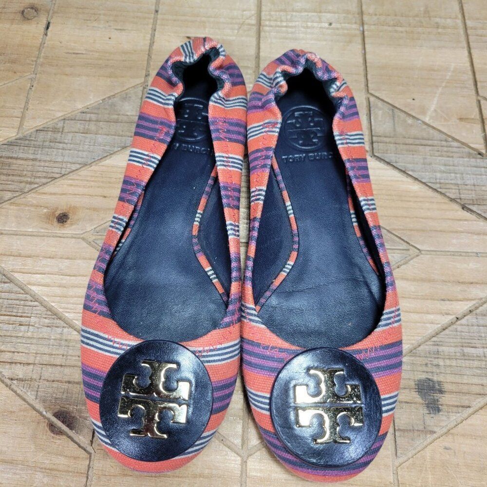 Tory Burch Reva Bauer 5.5M Ballet Flats Slip On Shoes Red Multi Stripe Canvas - Picture 3 of 11